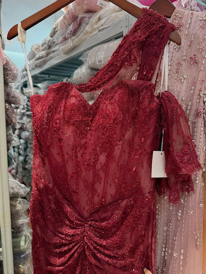 Luxury Wine Red Lace Beaded Mermaid One Shoulder Evening Dress LA73484B