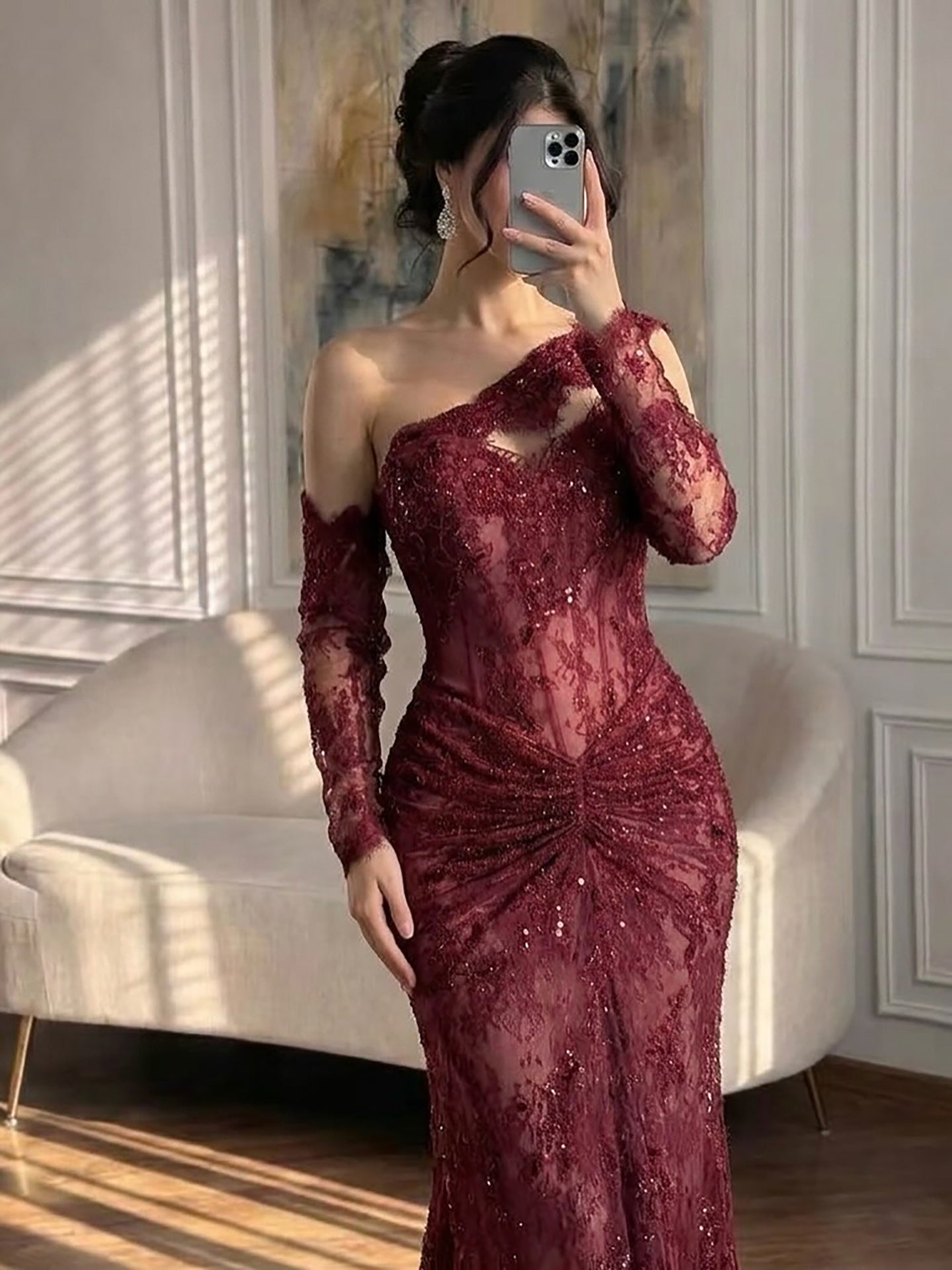Luxury Wine Red Lace Beaded Mermaid One Shoulder Evening Dress LA73484B
