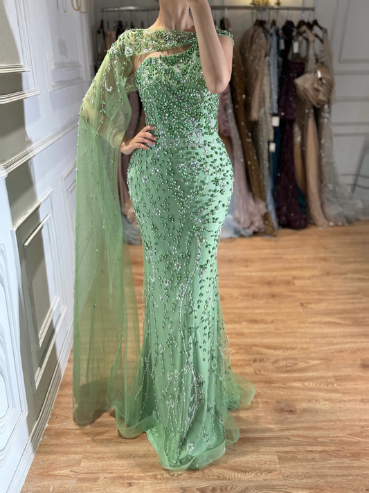 Luxury Blue Sleeveless Crystal Beaded Mermaid Evening Dress with Cape LA73485