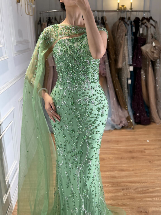 Luxury Blue Sleeveless Crystal Beaded Mermaid Evening Dress with Cape LA73485