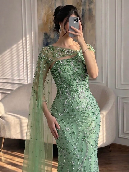 Luxury Blue Sleeveless Crystal Beaded Mermaid Evening Dress with Cape LA73485