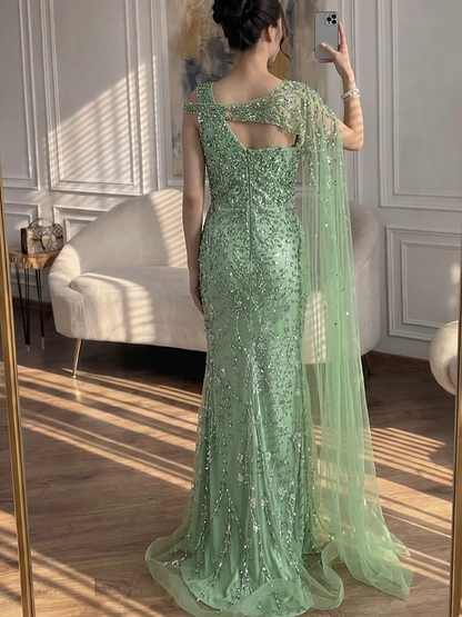 Luxury Blue Sleeveless Crystal Beaded Mermaid Evening Dress with Cape LA73485