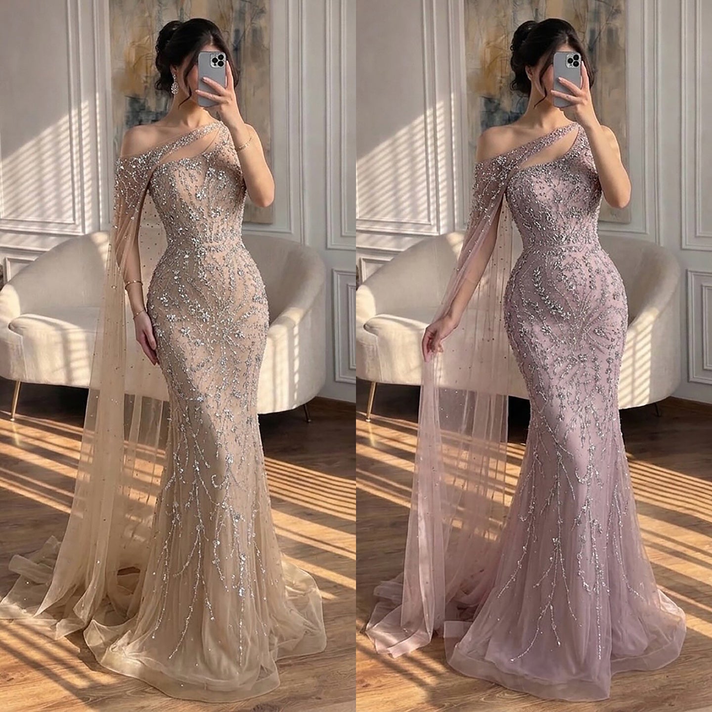 Luxury Nude Crystal Beaded One-Shoulder Mermaid Dress LA73485A