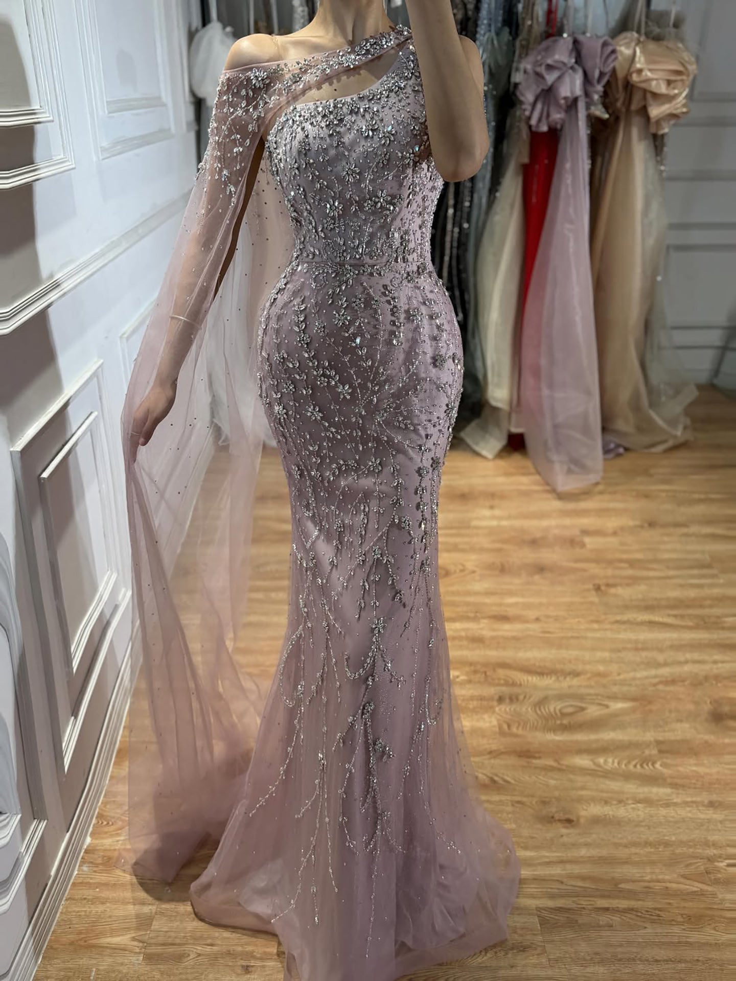 Luxury Nude Crystal Beaded One-Shoulder Mermaid Dress LA73485A