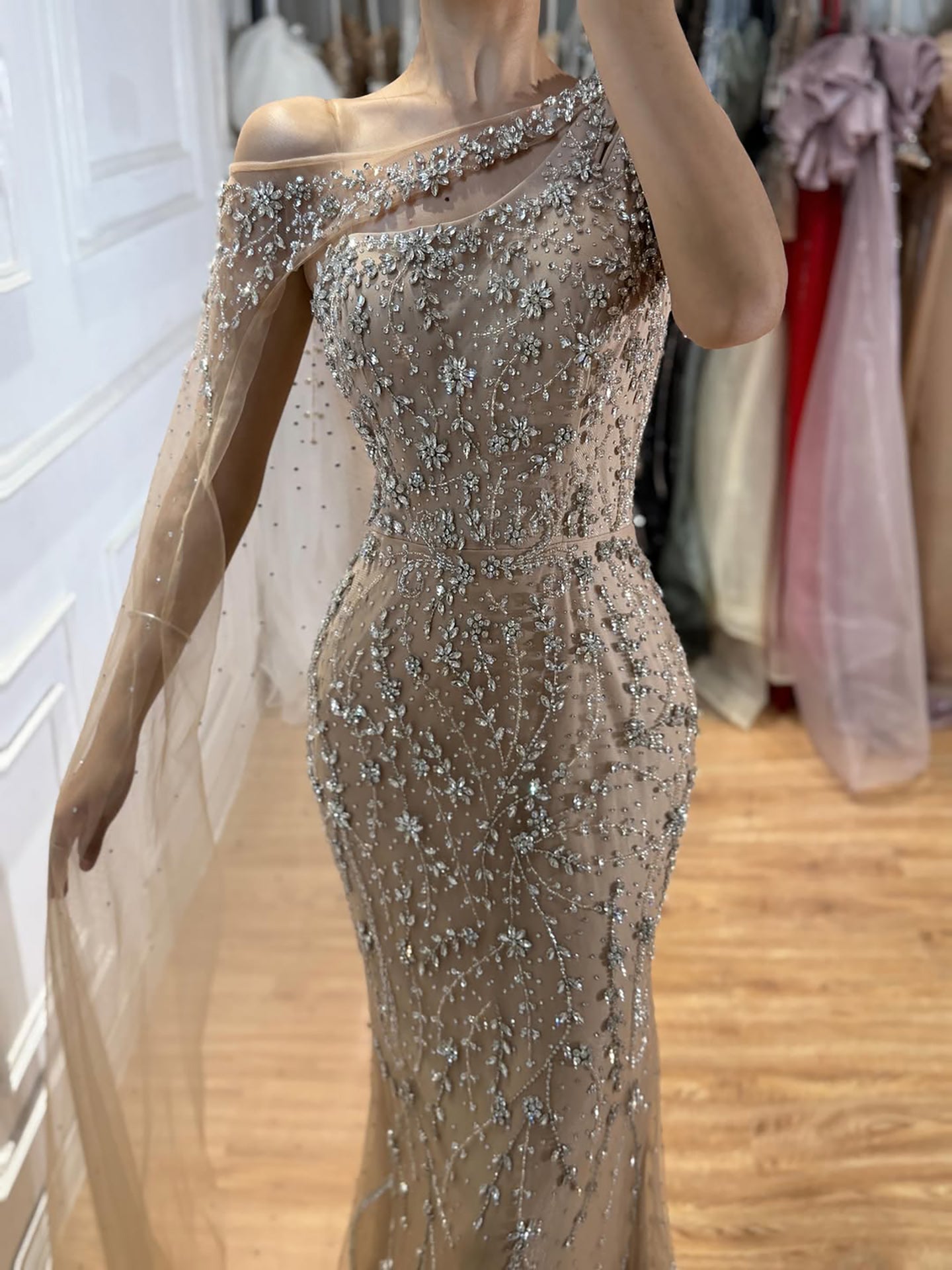 Luxury Nude Crystal Beaded One-Shoulder Mermaid Dress LA73485A