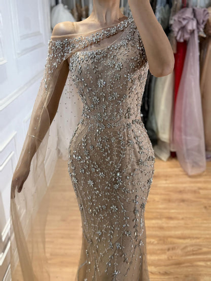 Luxury Nude Crystal Beaded One-Shoulder Mermaid Dress LA73485A