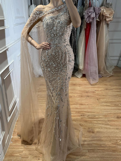 Luxury Nude Crystal Beaded One-Shoulder Mermaid Dress LA73485A