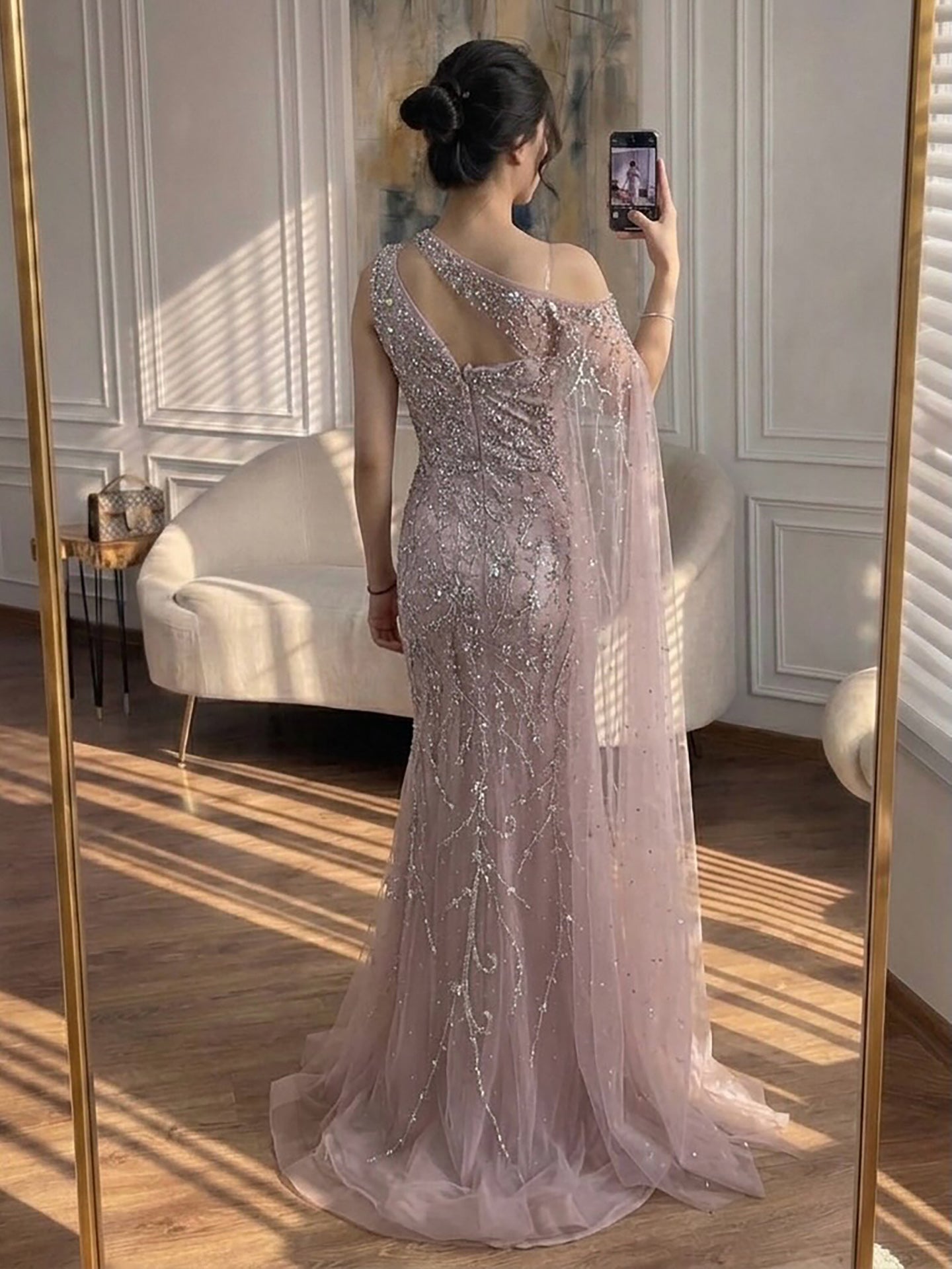 Luxury Nude Crystal Beaded One-Shoulder Mermaid Dress LA73485A