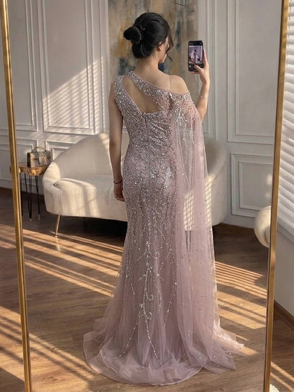 Luxury Nude Crystal Beaded One-Shoulder Mermaid Dress LA73485A