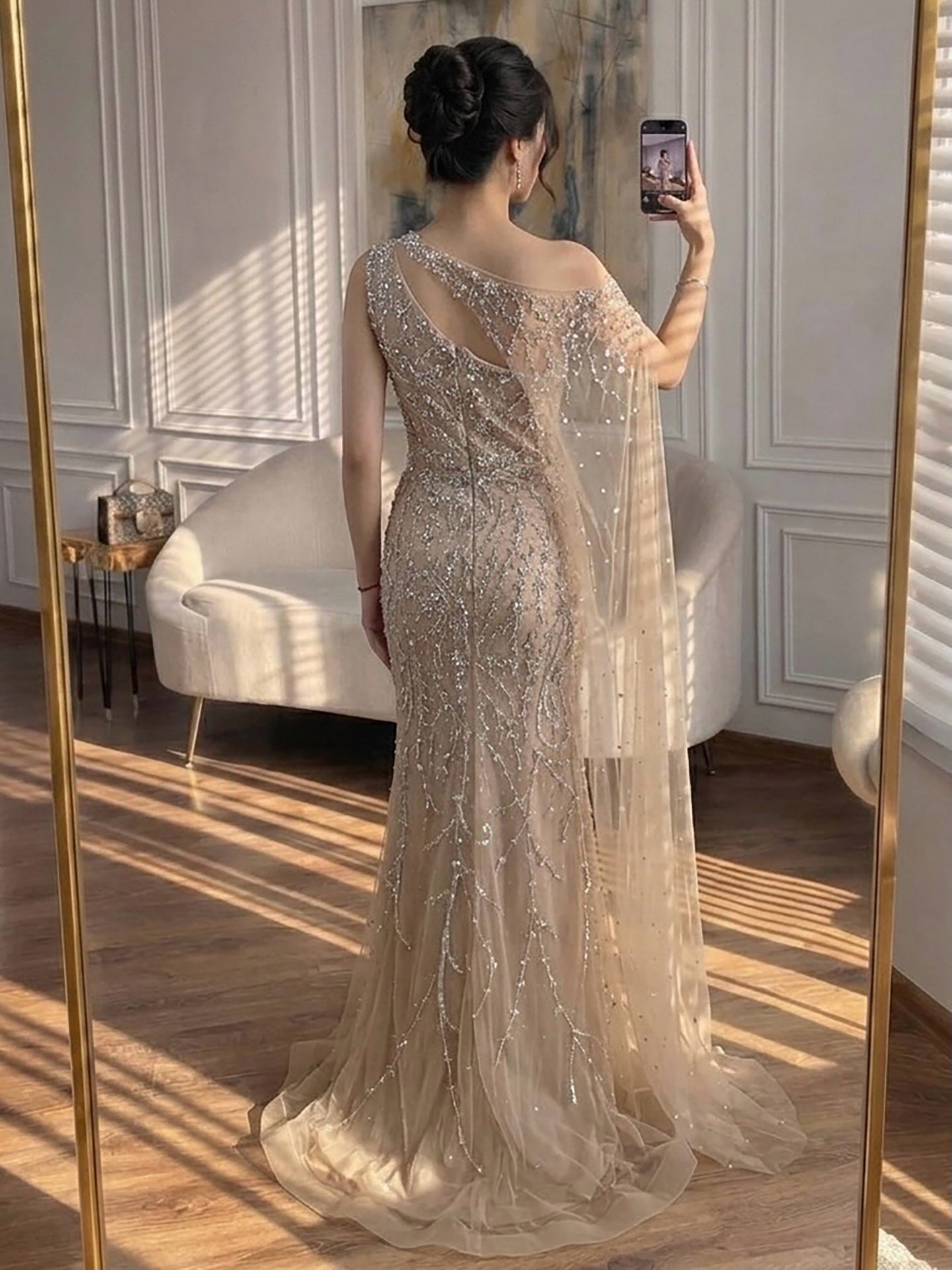 Luxury Nude Crystal Beaded One-Shoulder Mermaid Dress LA73485A