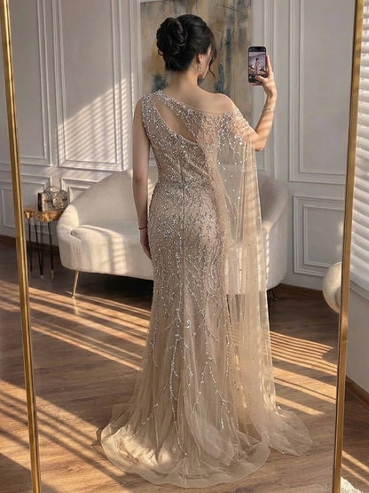 Luxury Nude Crystal Beaded One-Shoulder Mermaid Dress LA73485A