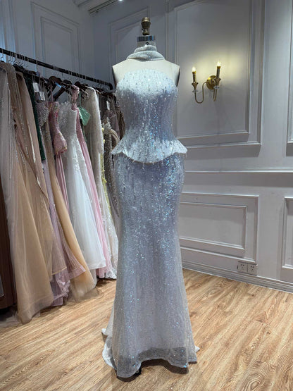 Luxury Champagne Strapless Beaded Mermaid Evening Dress With Scarf LA73488