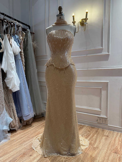 Luxury Champagne Strapless Beaded Mermaid Evening Dress With Scarf LA73488