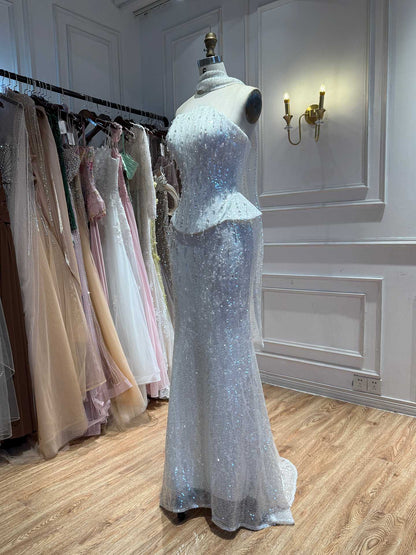 Luxury Champagne Strapless Beaded Mermaid Evening Dress With Scarf LA73488