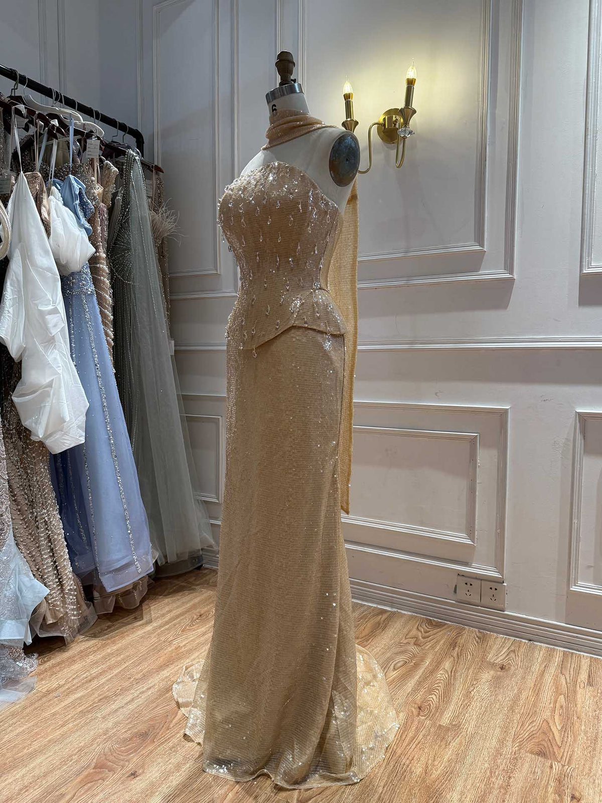 Luxury Champagne Strapless Beaded Mermaid Evening Dress With Scarf LA73488