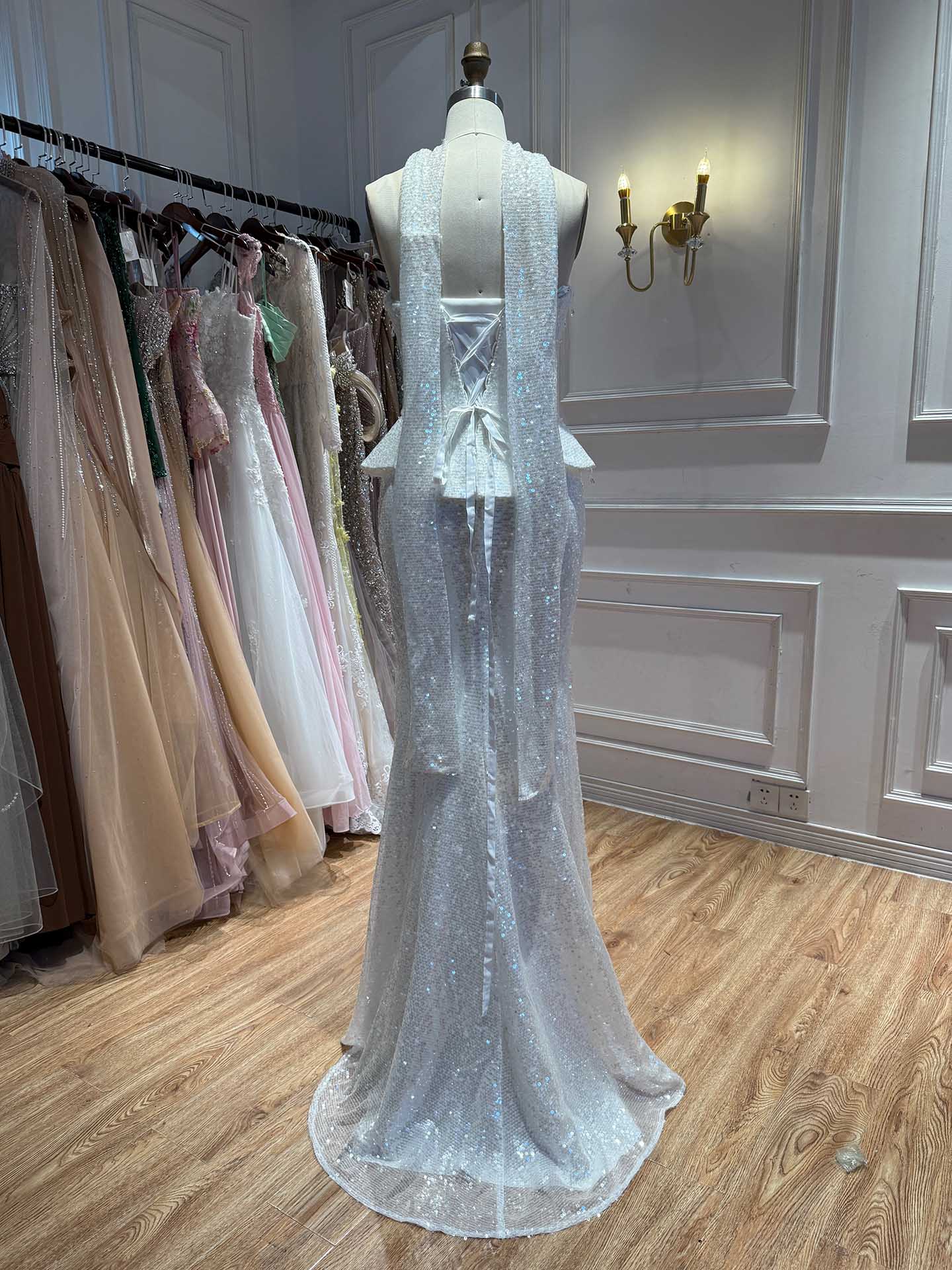 Luxury Champagne Strapless Beaded Mermaid Evening Dress With Scarf LA73488