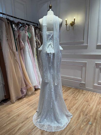 Luxury Champagne Strapless Beaded Mermaid Evening Dress With Scarf LA73488