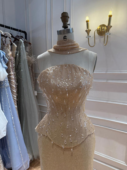 Luxury Champagne Strapless Beaded Mermaid Evening Dress With Scarf LA73488