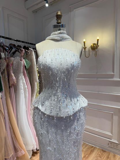 Luxury Champagne Strapless Beaded Mermaid Evening Dress With Scarf LA73488