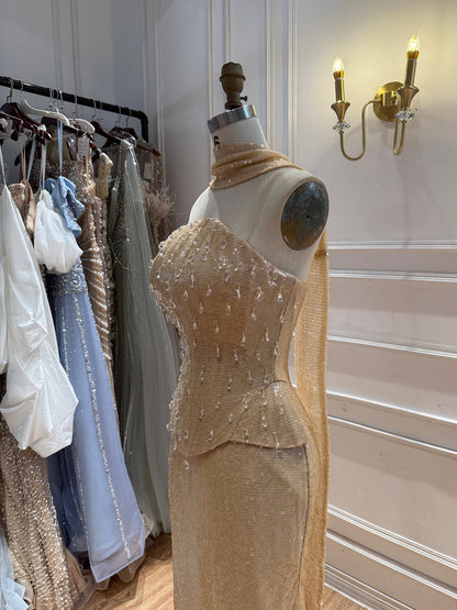 Luxury Champagne Strapless Beaded Mermaid Evening Dress With Scarf LA73488