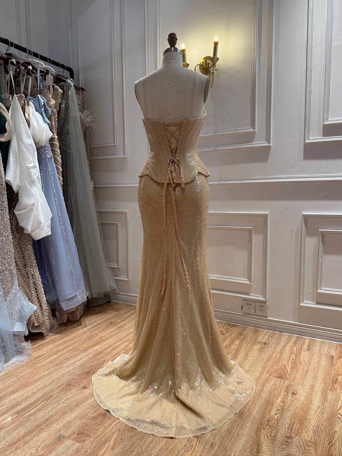 Luxury Champagne Strapless Beaded Mermaid Evening Dress With Scarf LA73488