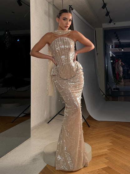 Luxury Champagne Strapless Beaded Mermaid Evening Dress With Scarf LA73488