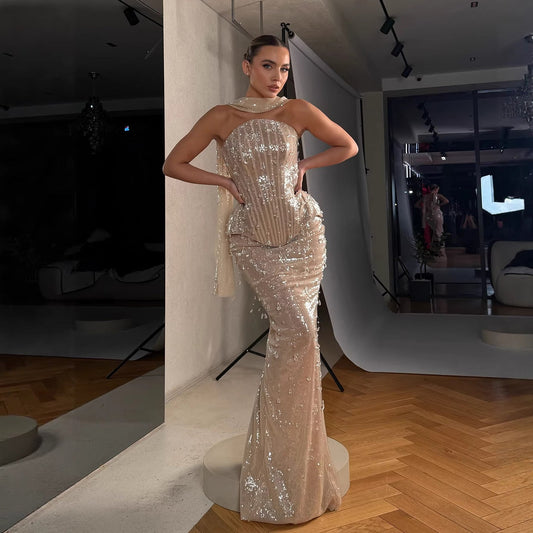 Luxury Champagne Strapless Beaded Mermaid Evening Dress With Scarf LA73488