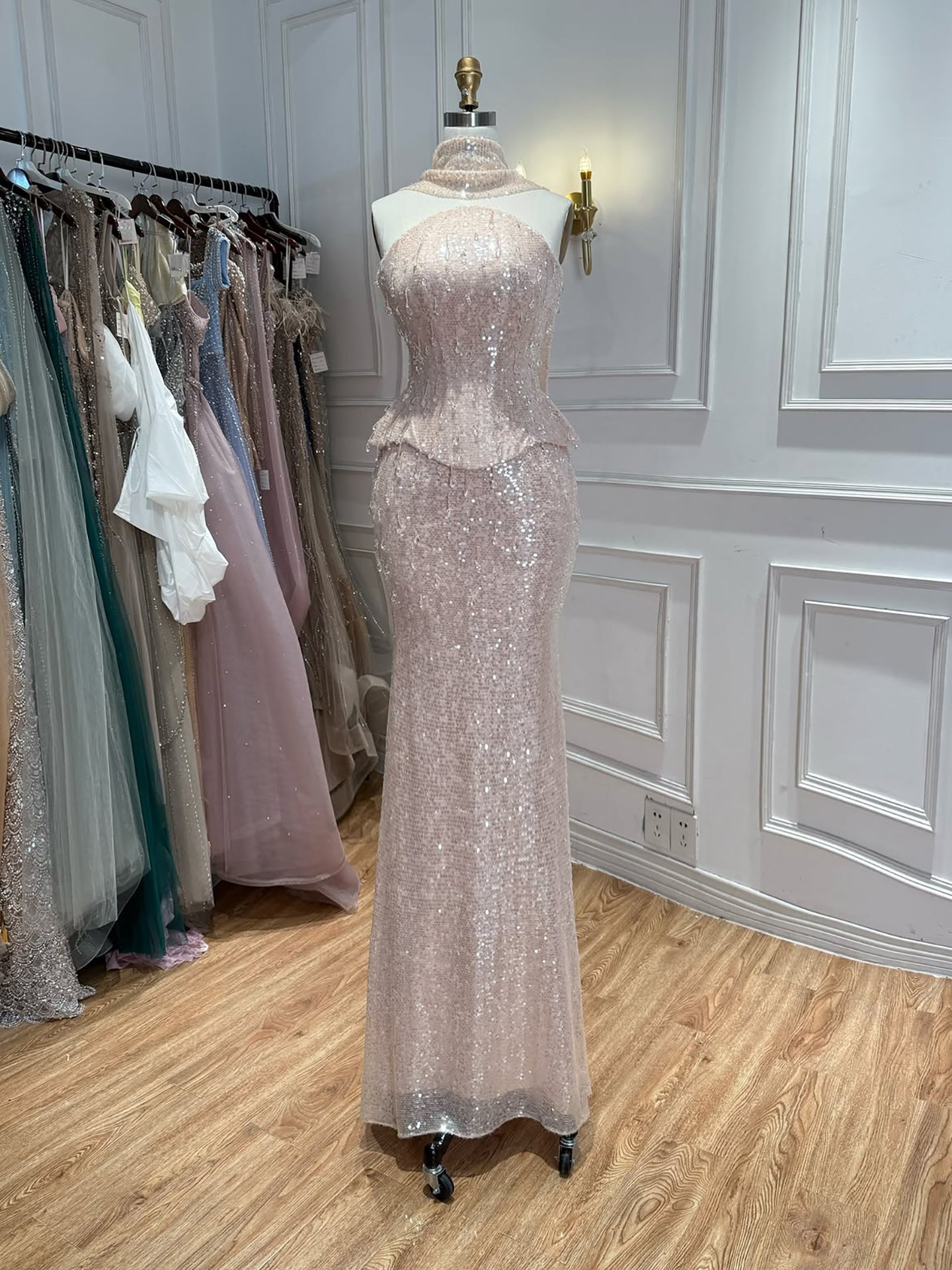 Luxury Champagne Strapless Beaded Mermaid Evening Dress With Scarf LA73488