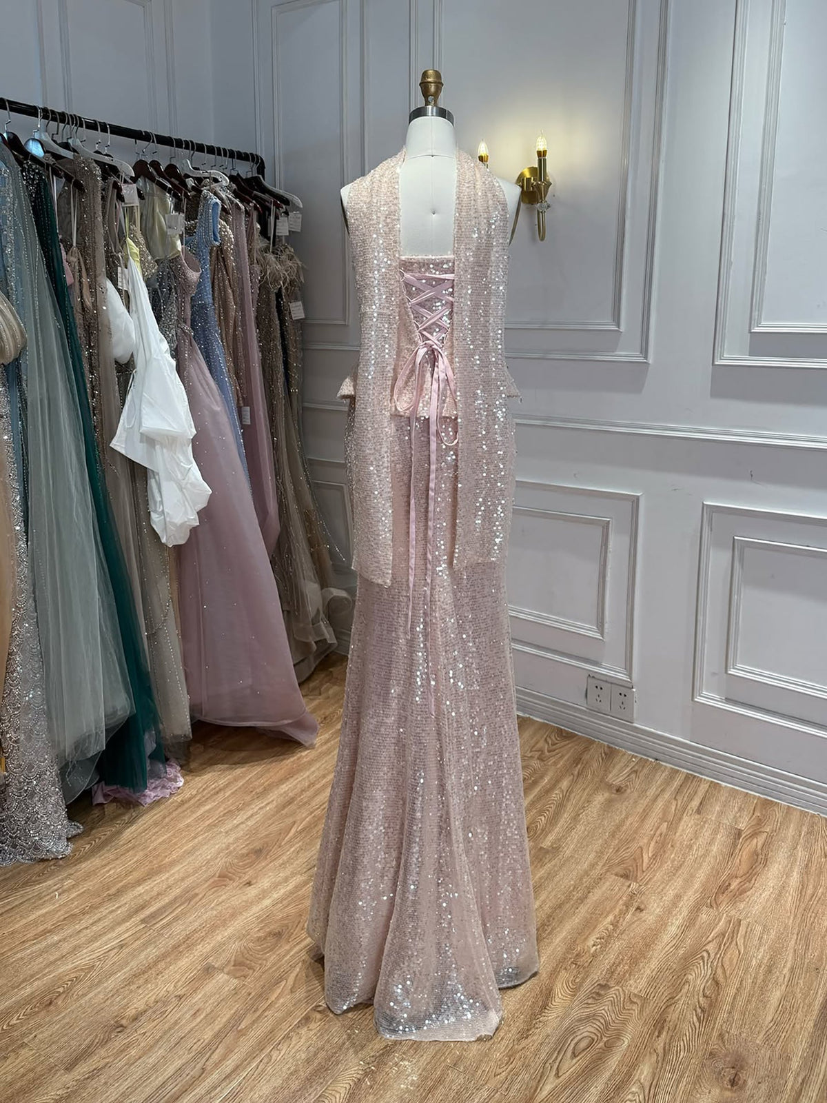 Luxury Champagne Strapless Beaded Mermaid Evening Dress With Scarf LA73488