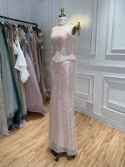 Luxury Champagne Strapless Beaded Mermaid Evening Dress With Scarf LA73488