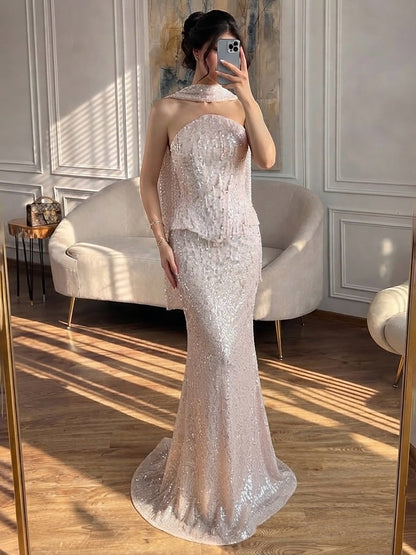 Luxury Champagne Strapless Beaded Mermaid Evening Dress With Scarf LA73488