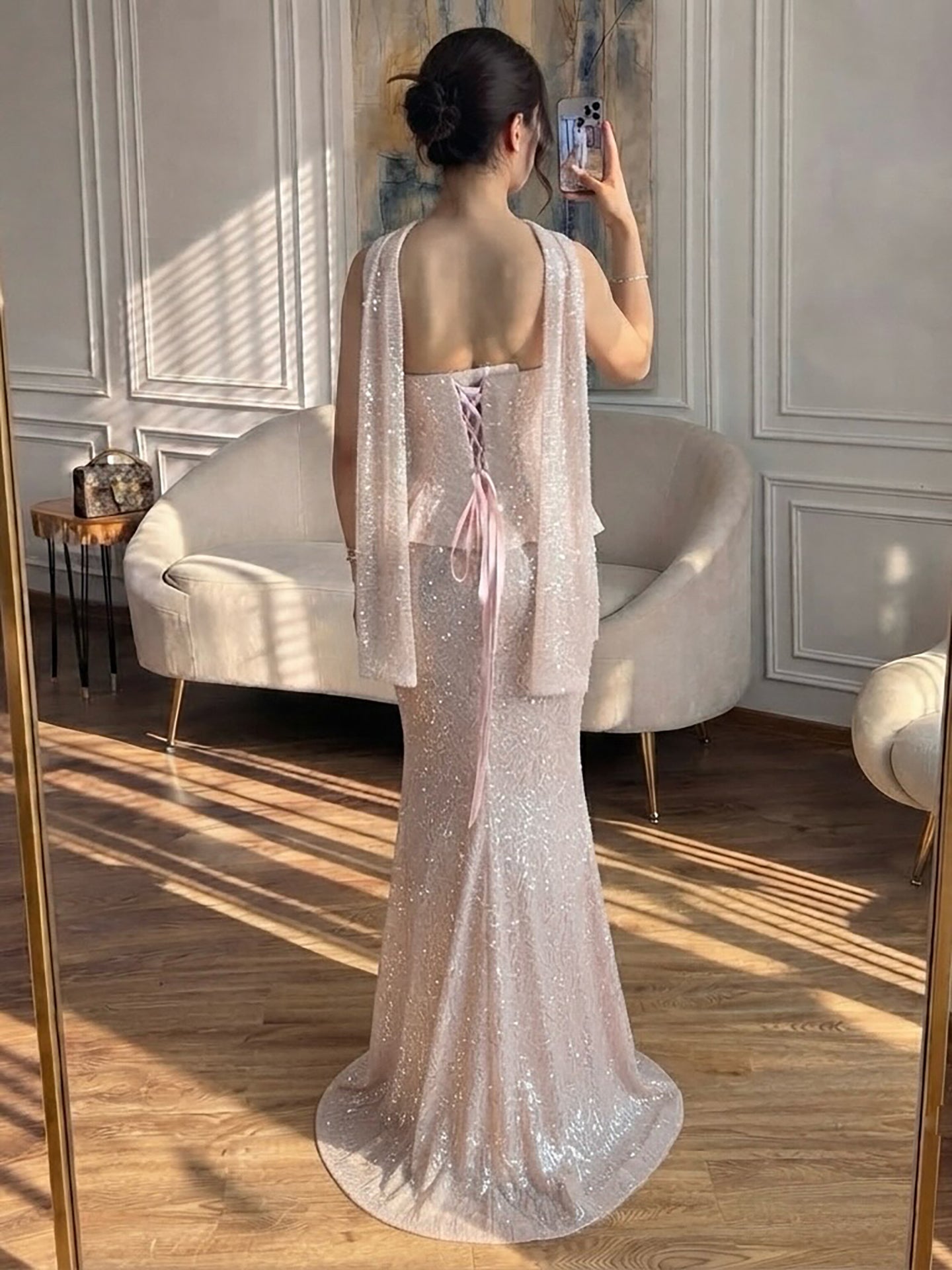 Luxury Champagne Strapless Beaded Mermaid Evening Dress With Scarf LA73488