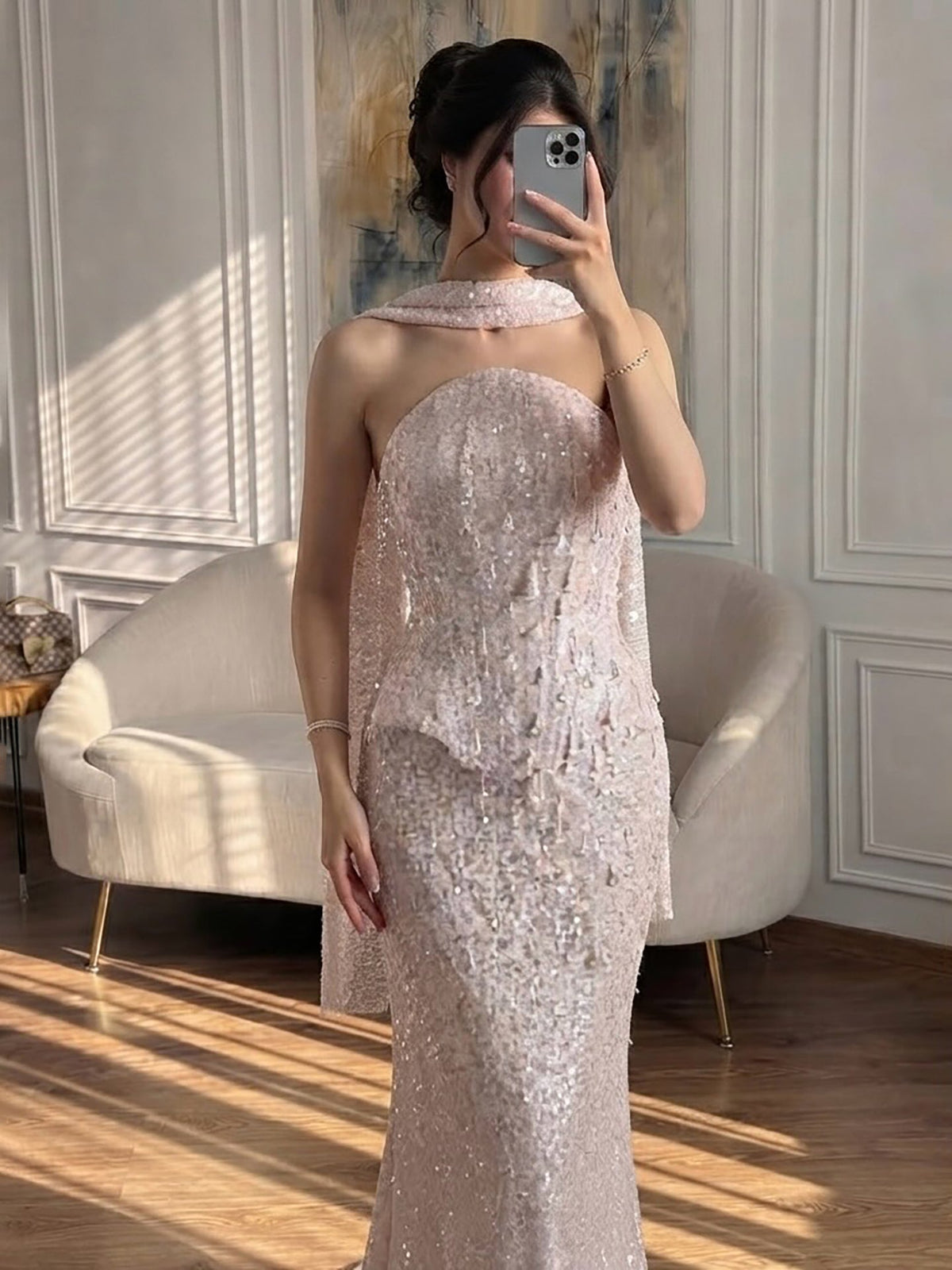 Luxury Champagne Strapless Beaded Mermaid Evening Dress With Scarf LA73488
