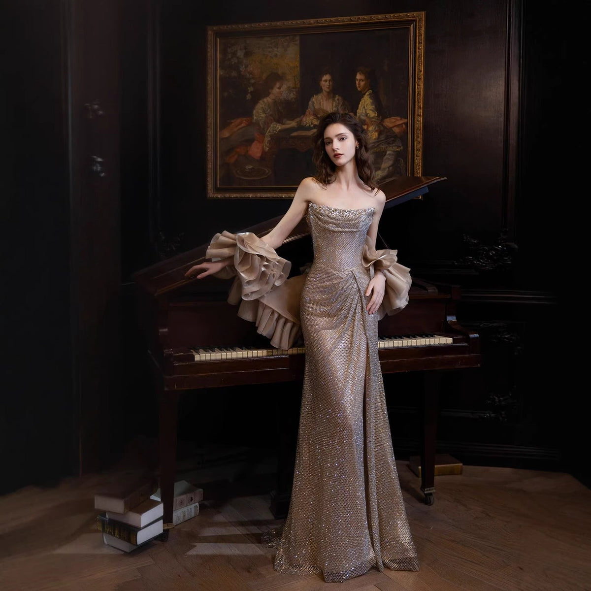 Luxury Gold Strapless Crystal Beaded Mermaid Evening Dress with Detachable Cape LA73489