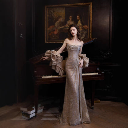 Luxury Gold Strapless Crystal Beaded Mermaid Evening Dress with Detachable Cape LA73489
