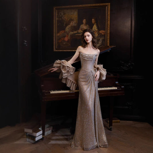Luxury Gold Strapless Crystal Beaded Mermaid Evening Dress with Detachable Cape LA73489