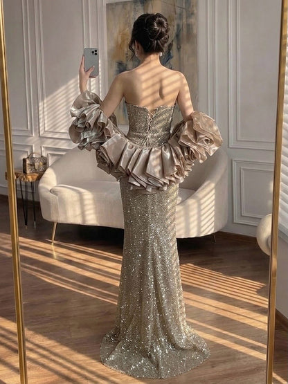 Luxury Gold Strapless Crystal Beaded Mermaid Evening Dress with Detachable Cape LA73489