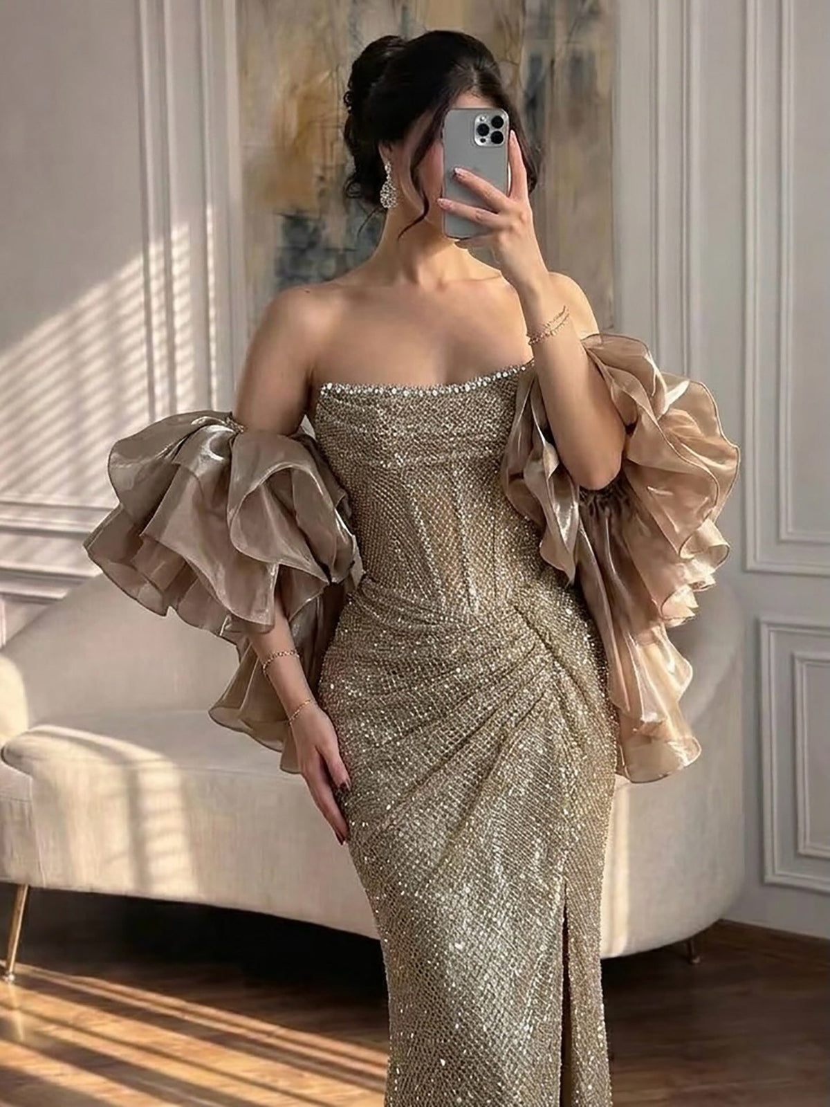 Luxury Gold Strapless Crystal Beaded Mermaid Evening Dress with Detachable Cape LA73489