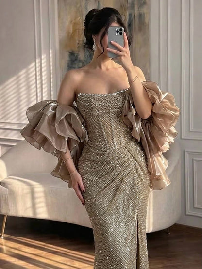 Luxury Gold Strapless Crystal Beaded Mermaid Evening Dress with Detachable Cape LA73489