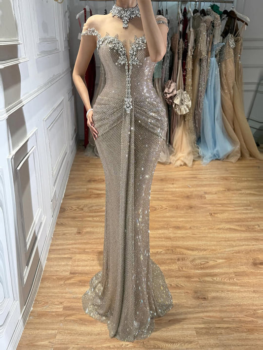 Luxury Gold Crystal Beaded Mermaid Evening Dress LA73491