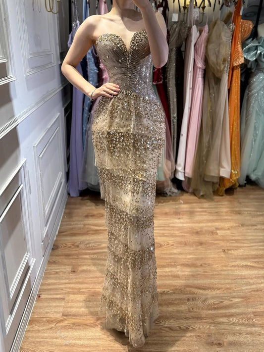 Luxury Arabic Gold Strapless Crystal Beaded Evening Dress LA73492
