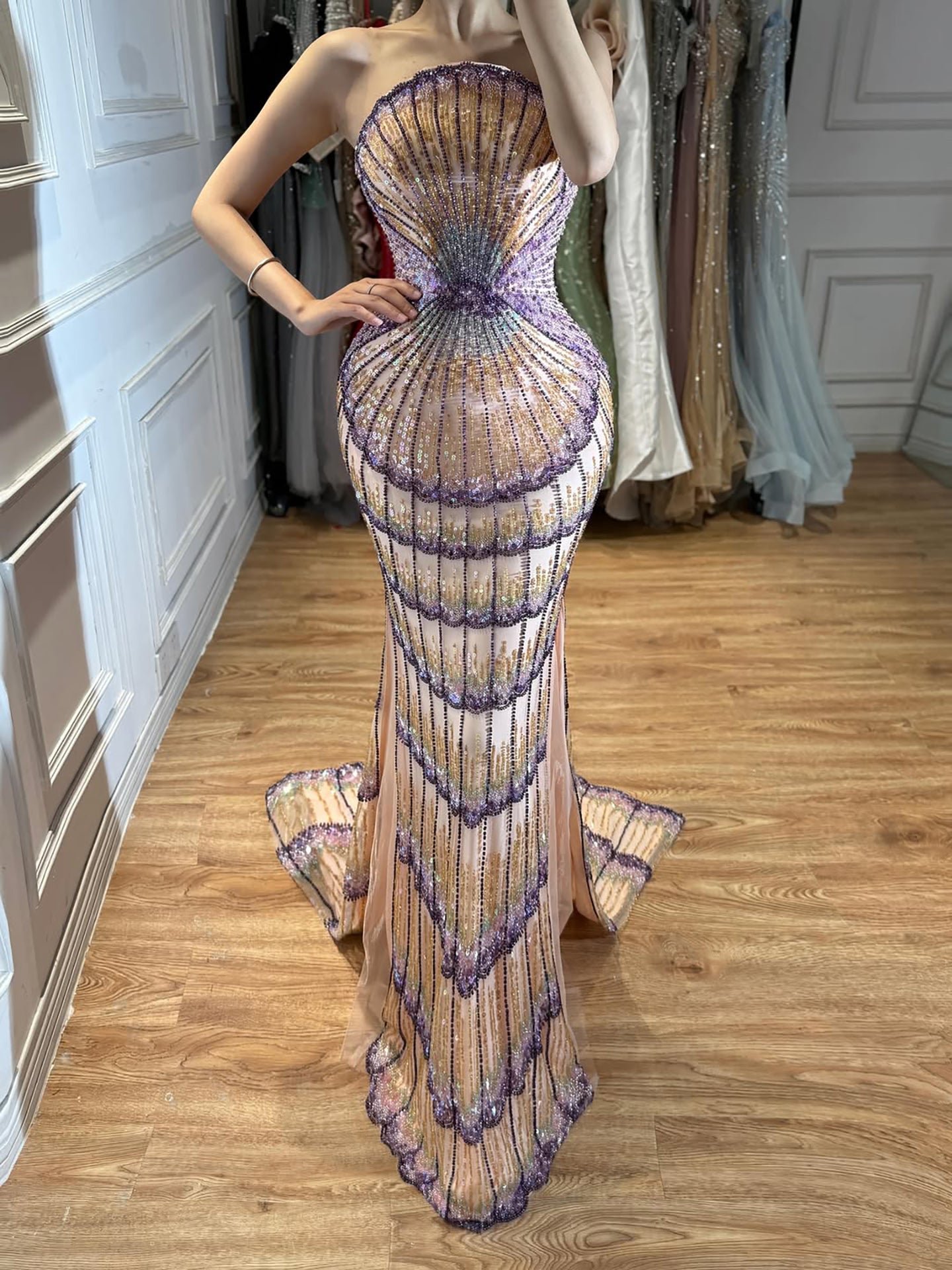 Purple Strapless Beaded Evening Dress with Overskirt LA73527