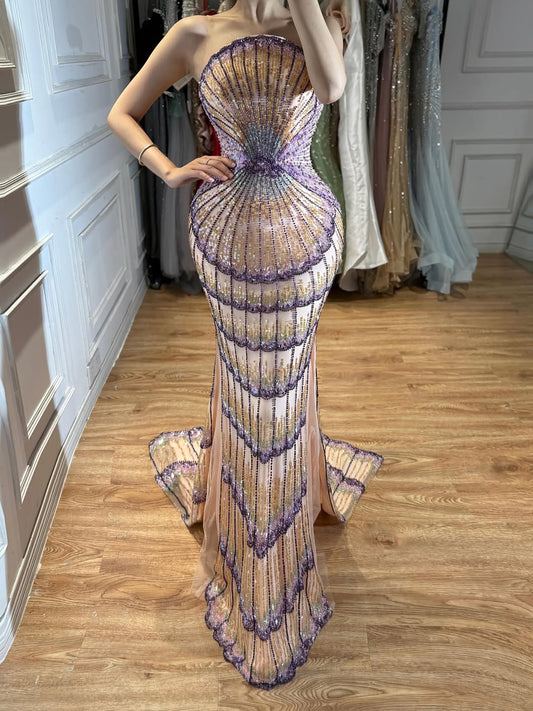 Purple Strapless Beaded Evening Dress with Overskirt LA73527