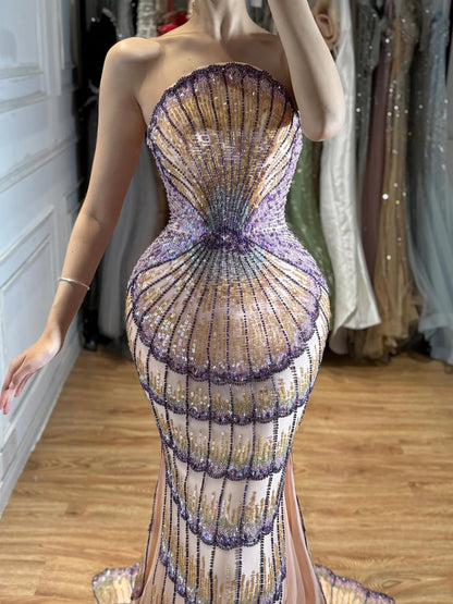Purple Strapless Beaded Evening Dress with Overskirt LA73527