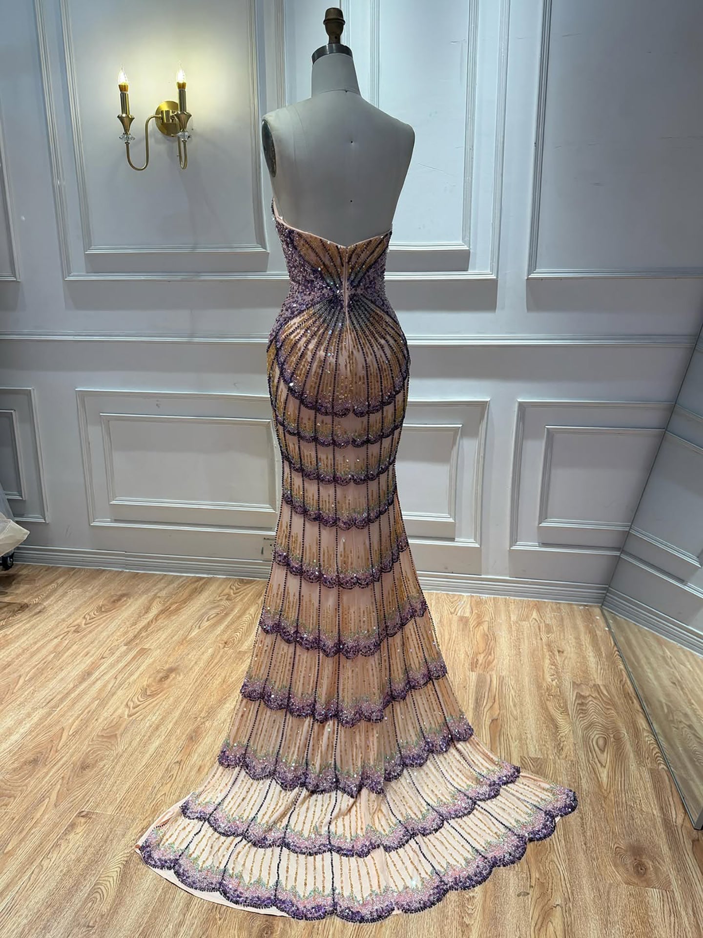 Purple Strapless Beaded Evening Dress with Overskirt LA73527