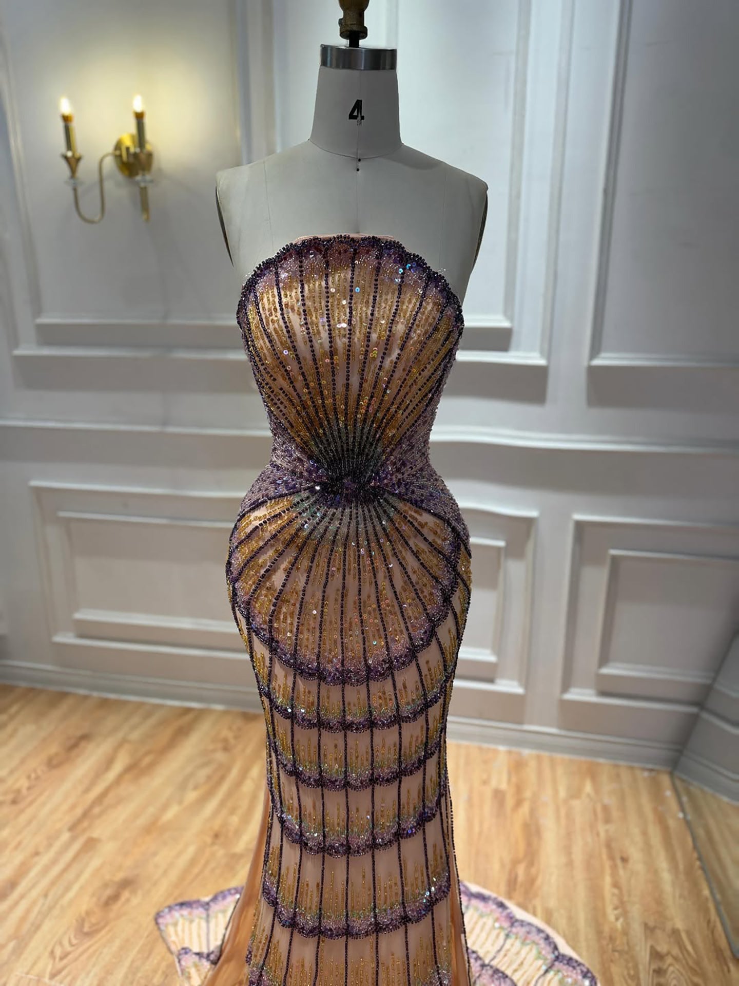 Purple Strapless Beaded Evening Dress with Overskirt LA73527