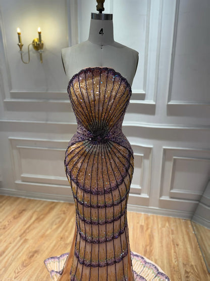 Purple Strapless Beaded Evening Dress with Overskirt LA73527