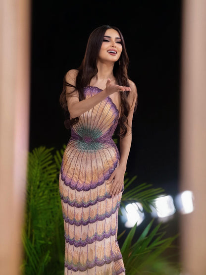 Purple Strapless Beaded Evening Dress with Overskirt LA73527