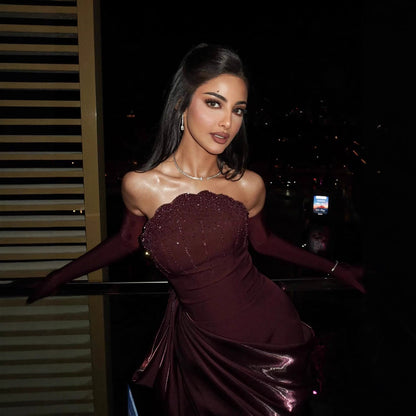 Elegant Wine Red Strapless Beaded Red Carpet Evening Dress with Satin Skirt & Velvet Gloves LA73528