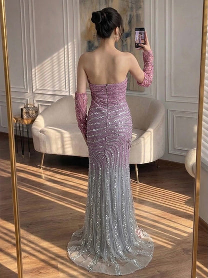 Luxury Pink Gradient Beaded Mermaid Evening Dress LA73532